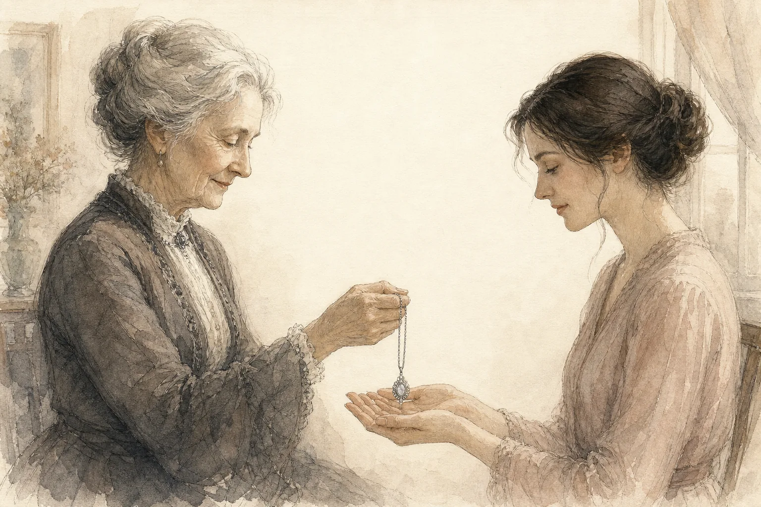 A grandmother entrusting a necklace to her granddaughter