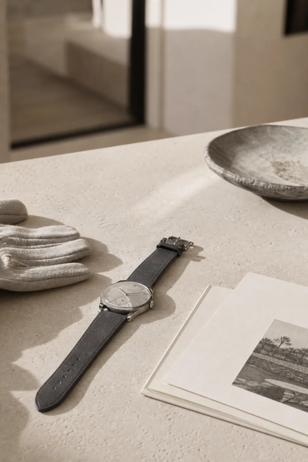 A silver dress watch being privately documented
