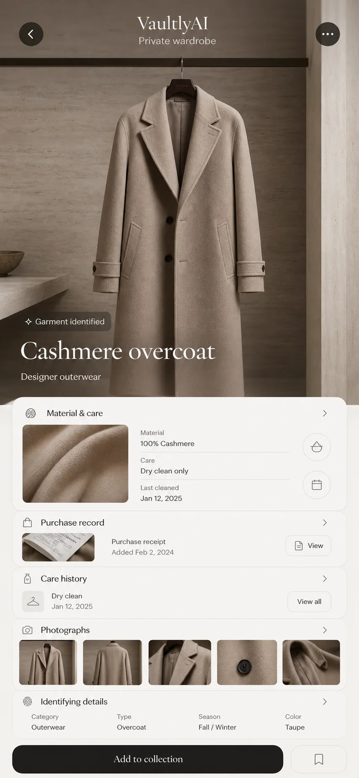 VaultlyAI designer clothing and private wardrobe record